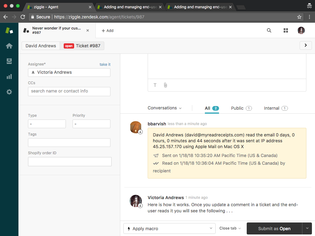 Read Receipts for Zendesk Pro primary marketing image — Product and Project Management app on the Zendesk Marketplace